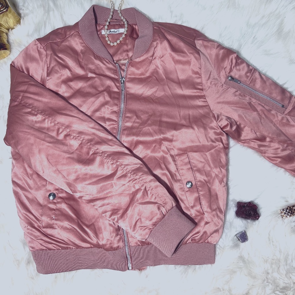 Pink Soft Velvet Bomber Jacket